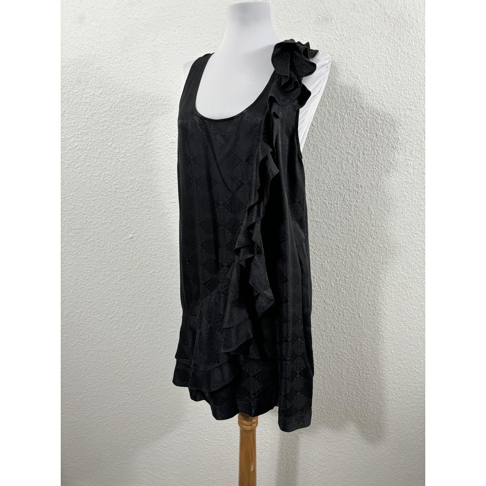 Cache Dress Womens 8 Black‎ Silk Blend Ruffle Sleeveless Mini Jacquard Y2K Party
